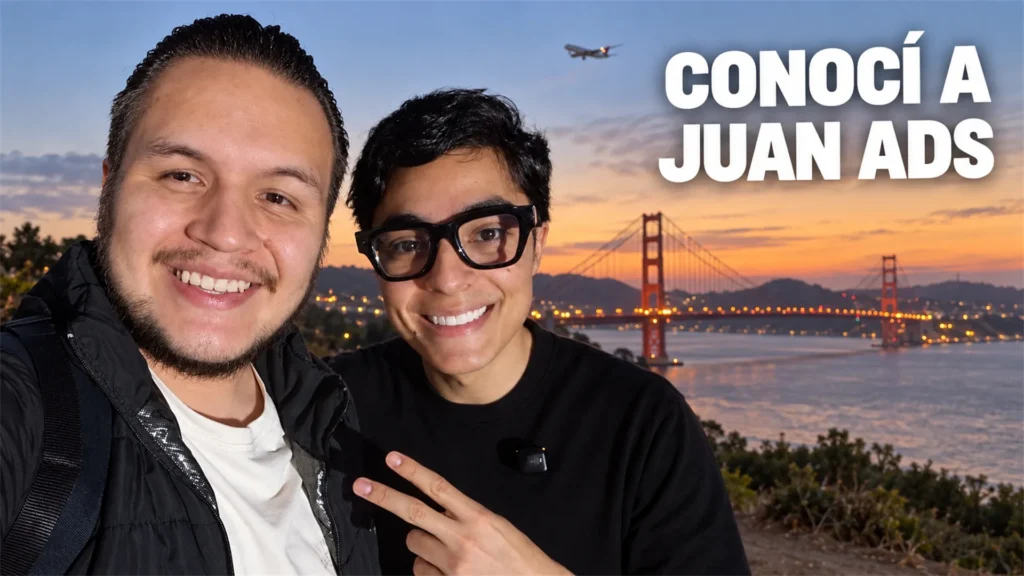 Juan y yo sonriendo en una imagen con el puente Golden Gate de fondo y el texto Conocí a Juan ADS.